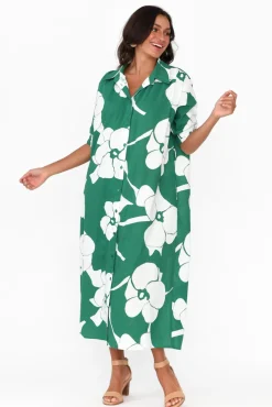 Cotton Dresses<Label Of Love Emmeline Green Flower Cotton Shirt Dress