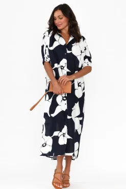Cotton Dresses<Label Of Love Emmeline Navy Flower Cotton Shirt Dress