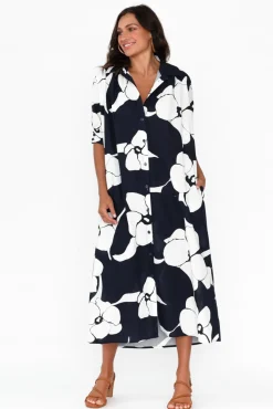 Cotton Dresses<Label Of Love Emmeline Navy Flower Cotton Shirt Dress