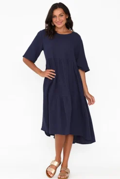 Cotton Dresses<La Mode Esmerelda Navy Cotton Tier Dress