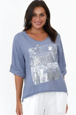 Linen Tops<La Strada Ethan Blue Foil Garden Linen Blend Tee