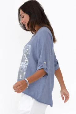 Linen Tops<La Strada Ethan Blue Foil Garden Linen Blend Tee