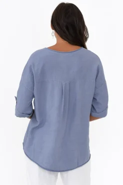 Linen Tops<La Strada Ethan Blue Foil Garden Linen Blend Tee