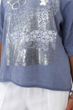 Linen Tops<La Strada Ethan Blue Foil Garden Linen Blend Tee