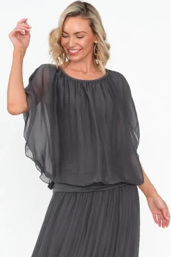Sleeved Tops<Fabuler Evaline Charcoal Silk Layer Top