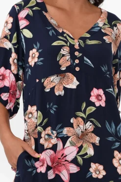 Midi Dresses<Cafe Latte Farah Navy Blossom Button Dress