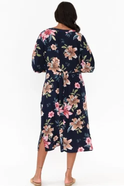 Midi Dresses<Cafe Latte Farah Navy Blossom Button Dress