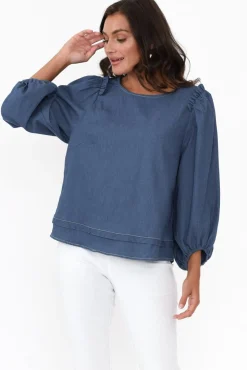 Cotton Tops<Cali and Co Ferguson Dark Blue Cotton Blend Frill Top