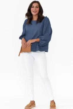 Cotton Tops<Cali and Co Ferguson Dark Blue Cotton Blend Frill Top