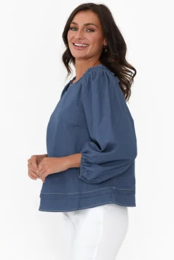 Cotton Tops<Cali and Co Ferguson Dark Blue Cotton Blend Frill Top