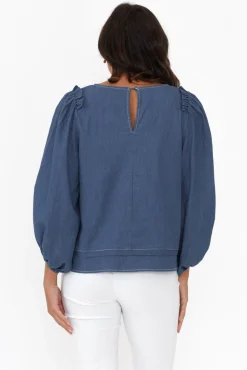 Cotton Tops<Cali and Co Ferguson Dark Blue Cotton Blend Frill Top