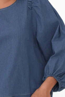 Cotton Tops<Cali and Co Ferguson Dark Blue Cotton Blend Frill Top