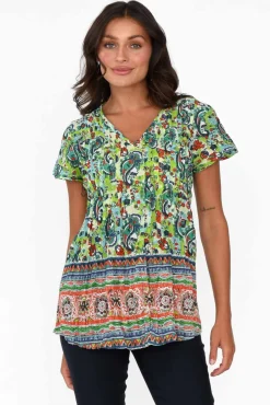 Cotton Tops<One Summer Fia Green Paisley Cotton Top