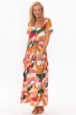 Maxi Dresses<Miracle Fashion Fifi Orange Geo Tiered Maxi Dress