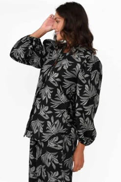 Linen Tops<Stella Gemma Finch Black Palm Linen Sleeved Blouse