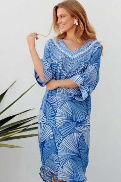 Below Knee Dresses<Inoa Fiona Blue Geometric Silk Tie Waist Dress