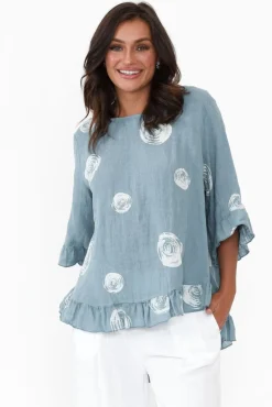 Linen Tops<Cali and Co Fitzgerald Blue Spot Linen Frill Top
