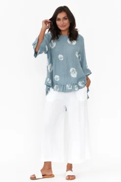 Linen Tops<Cali and Co Fitzgerald Blue Spot Linen Frill Top