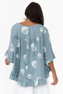 Linen Tops<Cali and Co Fitzgerald Blue Spot Linen Frill Top