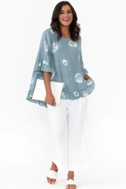 Linen Tops<Cali and Co Fitzgerald Blue Spot Linen Frill Top