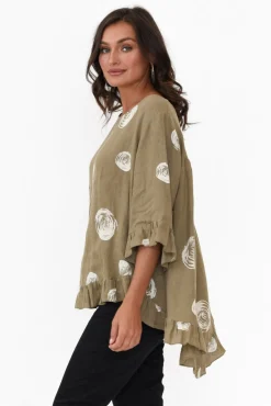 Linen Tops<Cali and Co Fitzgerald Khaki Spot Linen Frill Top