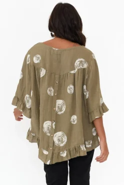 Linen Tops<Cali and Co Fitzgerald Khaki Spot Linen Frill Top