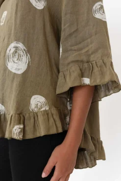 Linen Tops<Cali and Co Fitzgerald Khaki Spot Linen Frill Top