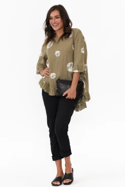 Linen Tops<Cali and Co Fitzgerald Khaki Spot Linen Frill Top