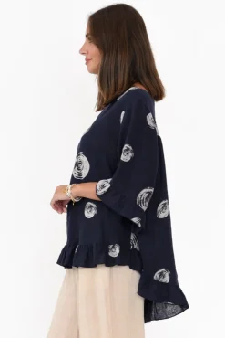 Linen Tops<Cali and Co Fitzgerald Navy Spot Linen Frill Top
