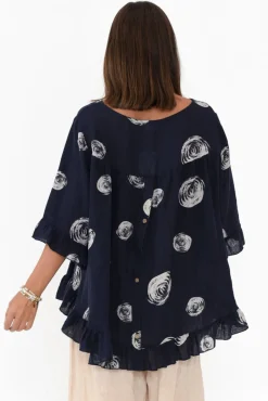 Linen Tops<Cali and Co Fitzgerald Navy Spot Linen Frill Top