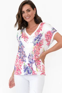 Sleeved Tops<La Strada Fleming Purple Blossom Sequin V Neck Top