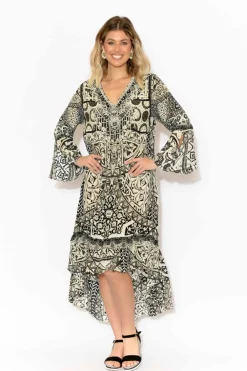 Below Knee Dresses<Fashion Spectrum Flora Grey Silk Frill Dress