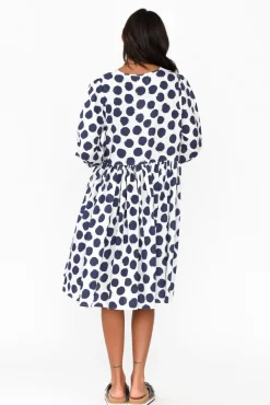 Cotton Dresses<Cali and Co Frieda Navy Spot Cotton Tie Dress