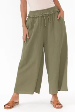 Pants<Cali and Co Gabby Khaki Cotton Wide Leg Pant