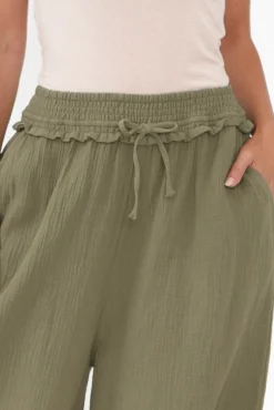 Pants<Cali and Co Gabby Khaki Cotton Wide Leg Pant