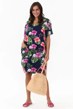 Above Knee Dresses<Red Lotus Gaby Navy Tropical Drape Tee Dress