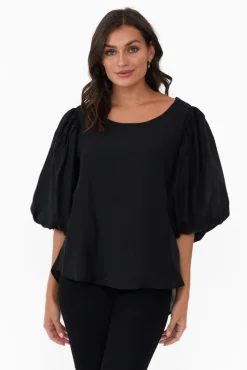Sleeved Tops<Cali and Co Gallagher Black Cotton Puff Sleeve Top