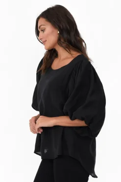 Sleeved Tops<Cali and Co Gallagher Black Cotton Puff Sleeve Top