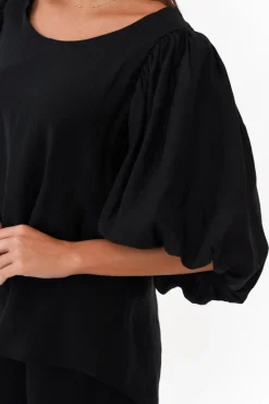 Sleeved Tops<Cali and Co Gallagher Black Cotton Puff Sleeve Top