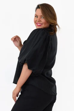 Sleeved Tops<Cali and Co Gallagher Black Cotton Puff Sleeve Top