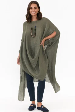 Linen Tops<Donna Donna Genesia Khaki Linen Kaftan Tunic
