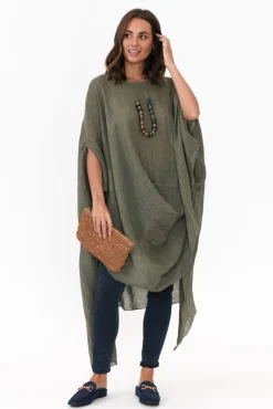 Linen Tops<Donna Donna Genesia Khaki Linen Kaftan Tunic