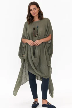 Linen Tops<Donna Donna Genesia Khaki Linen Kaftan Tunic