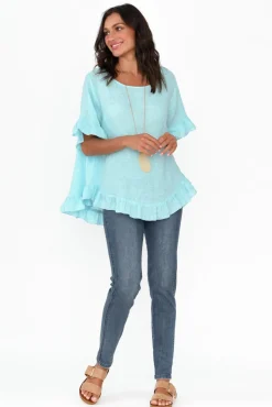 Sleeved Tops<Cali and Co Genevieve Aqua Linen Frill Top
