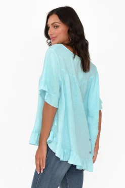 Sleeved Tops<Cali and Co Genevieve Aqua Linen Frill Top