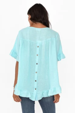 Sleeved Tops<Cali and Co Genevieve Aqua Linen Frill Top