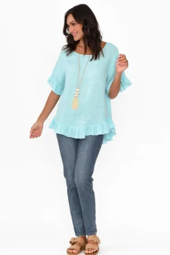 Sleeved Tops<Cali and Co Genevieve Aqua Linen Frill Top