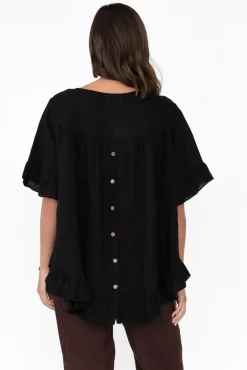 Linen Tops<Cali and Co Genevieve Black Linen Frill Top