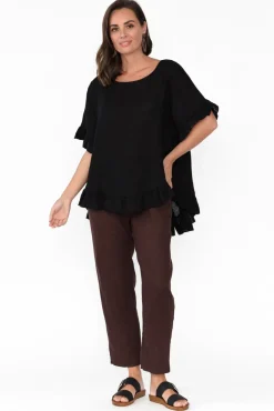 Linen Tops<Cali and Co Genevieve Black Linen Frill Top
