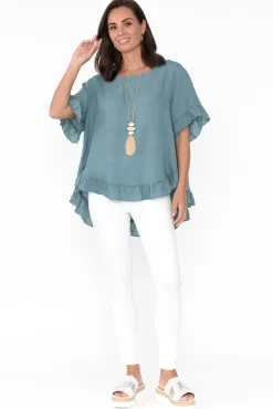 Linen Tops<Cali and Co Genevieve Blue Linen Frill Top